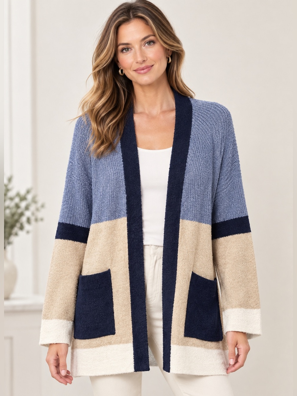Liverpool Colorblock Open-Front Cardigan in Blue, Navy & Cream size M